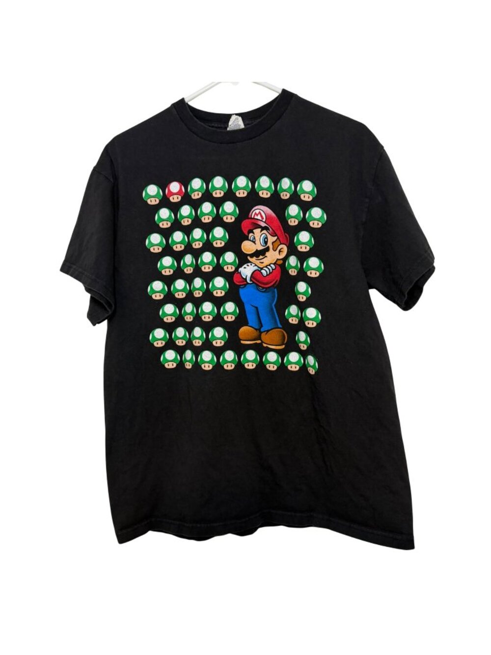 Super Mario Green 1-Up Mushrooms Graphic T-Shirt Black Size L